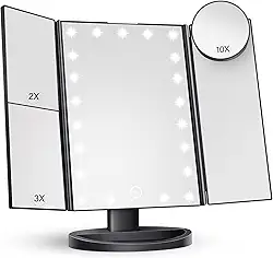 Espelho com LED, Ampliação 2x/3x/10x, Superfície Espelhada Iluminada, Operação Sensível ao Toque, Design Triplo, Espelho Maquiagem