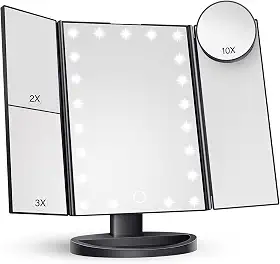 Espelho com LED, Ampliação 2x/3x/10x, Superfície Espelhada Iluminada, Operação Sensível ao Toque, Design Triplo, Espelho Maquiagem