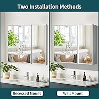 Vista 7 de Botiquín de doble puerta con espejo, 30 x 26 pulgadas, botiquín de aluminio para baño, estantes de vidrio ajustables, impermeable y resistente al