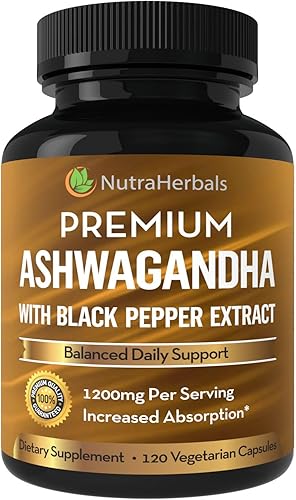 Polvo de raíz de Ashwagandha orgánico 1200 mg – 120 cápsulas de veggie – Suplemento de Ashwaganda – Extracto de pimienta negra para una mayor
