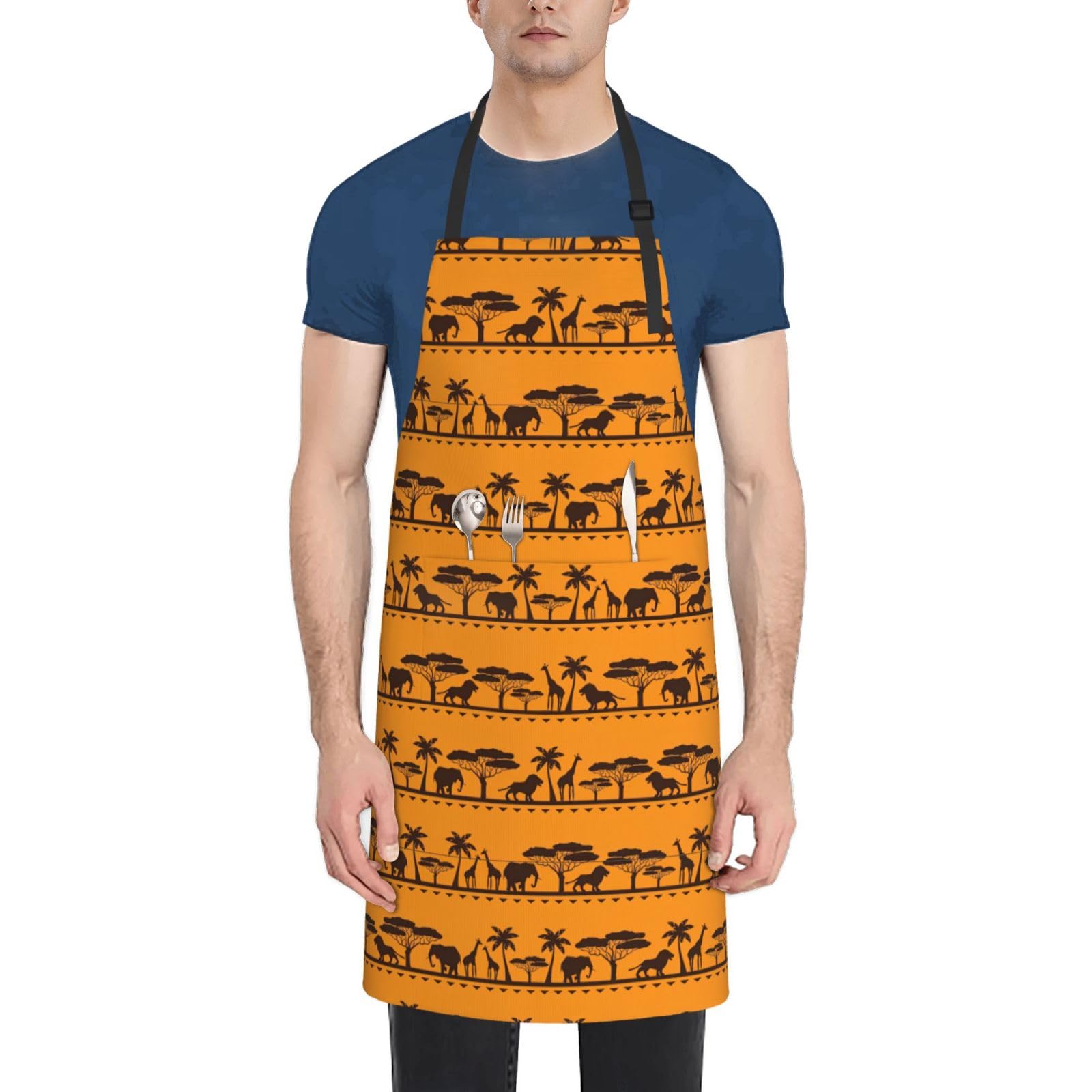Breaux Unisex Black African Animals Print Apron, Aprons With Adjustable Neck Straps, Oxford Cloth Aprons For Cooking Baking, One Size, One Size