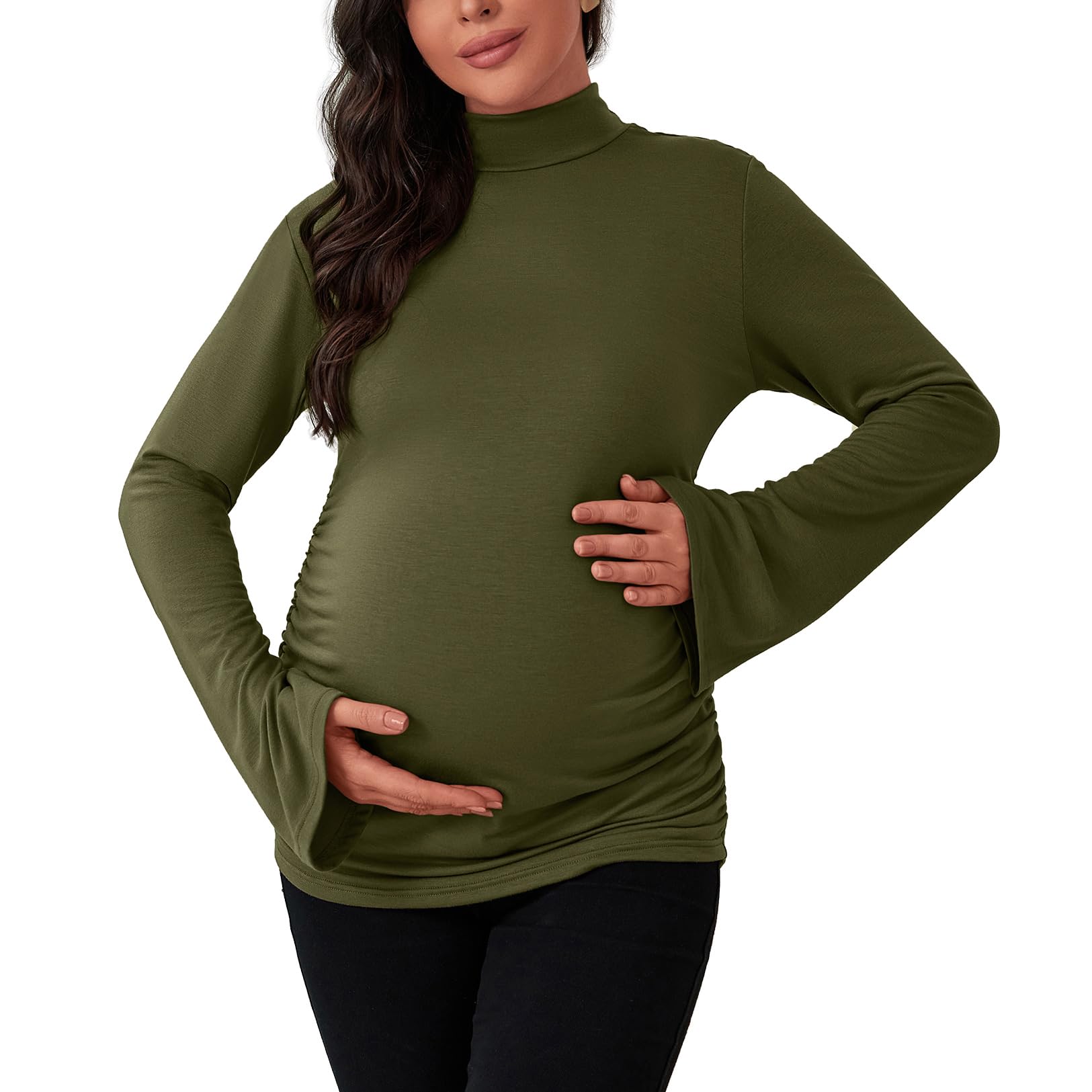 SWEETBUMPMock Neck Maternity Shirt Bell Sleeve Maternity Tunic Tops for Pregnant Women Pregnancy Shirt