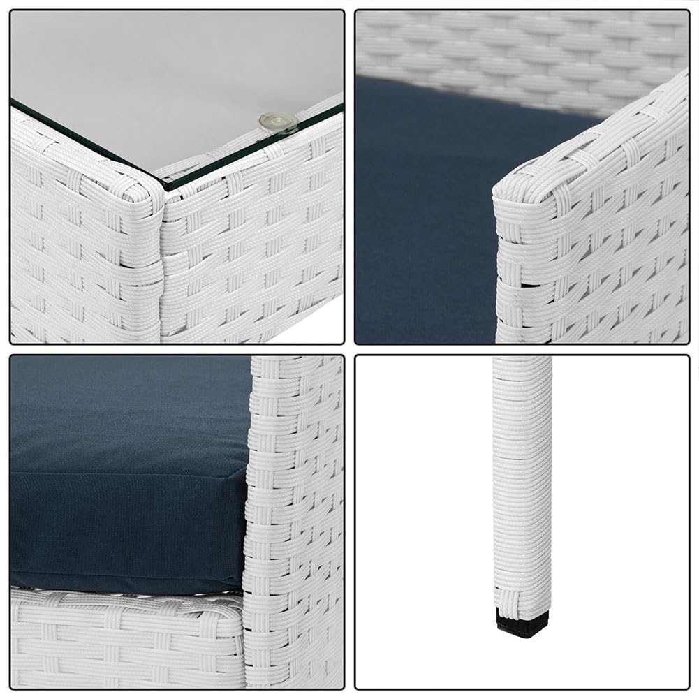 BAKAJI Juego Completo de salón de jardín con sofá, 2 sillones y Mesa con Estante de Cristal, salón de Exterior con Estructura de ratán sintético Blanco, Cojines desenfundables, terraza, balcón y Bar