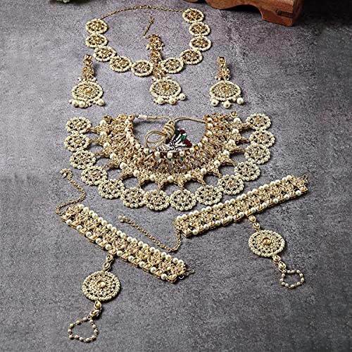 Karatcart Golden Kundan Studded Pearl Beaded Bridal Choker Necklace Set - Image 4