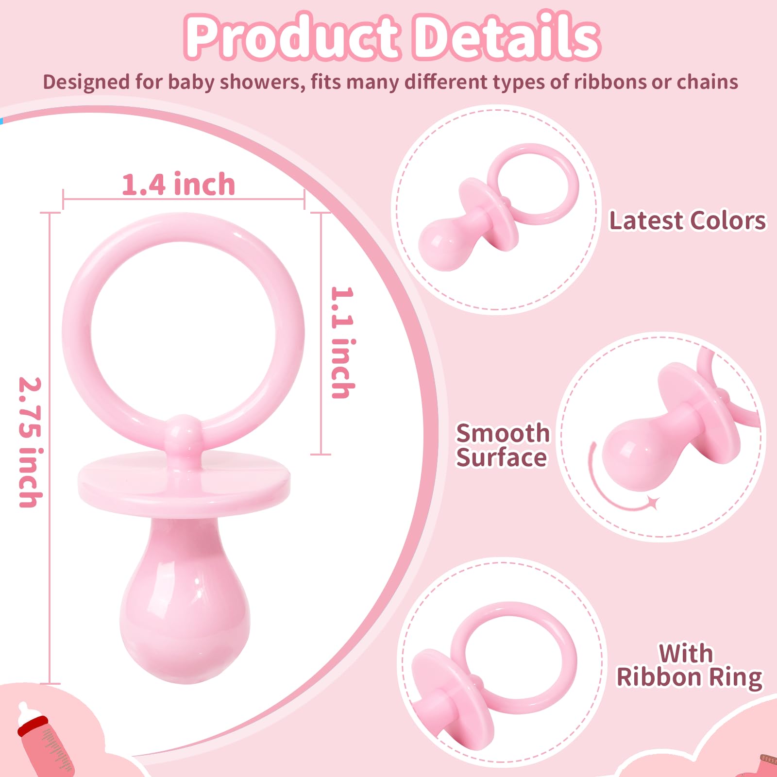 36 Plastic Pacifiers for Baby Shower Game, 2.75’’ Baby Shower Pacifiers, Pink Pacifiers Baby Shower Decoration DIY, Gender Reveal Party Table Scatter/Baby Shower Party Favors (Pink)
