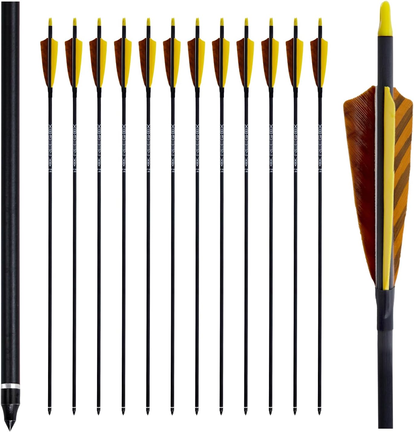 Carbon Arrows 31inch Archery Targeting Arrows Hunting Arrow +/-.003 Straightness 4" Turkey Feather for Recurve Bow & Compound Bow Spine250 300 400 500 Practice Training Arrows(Pack of 12)