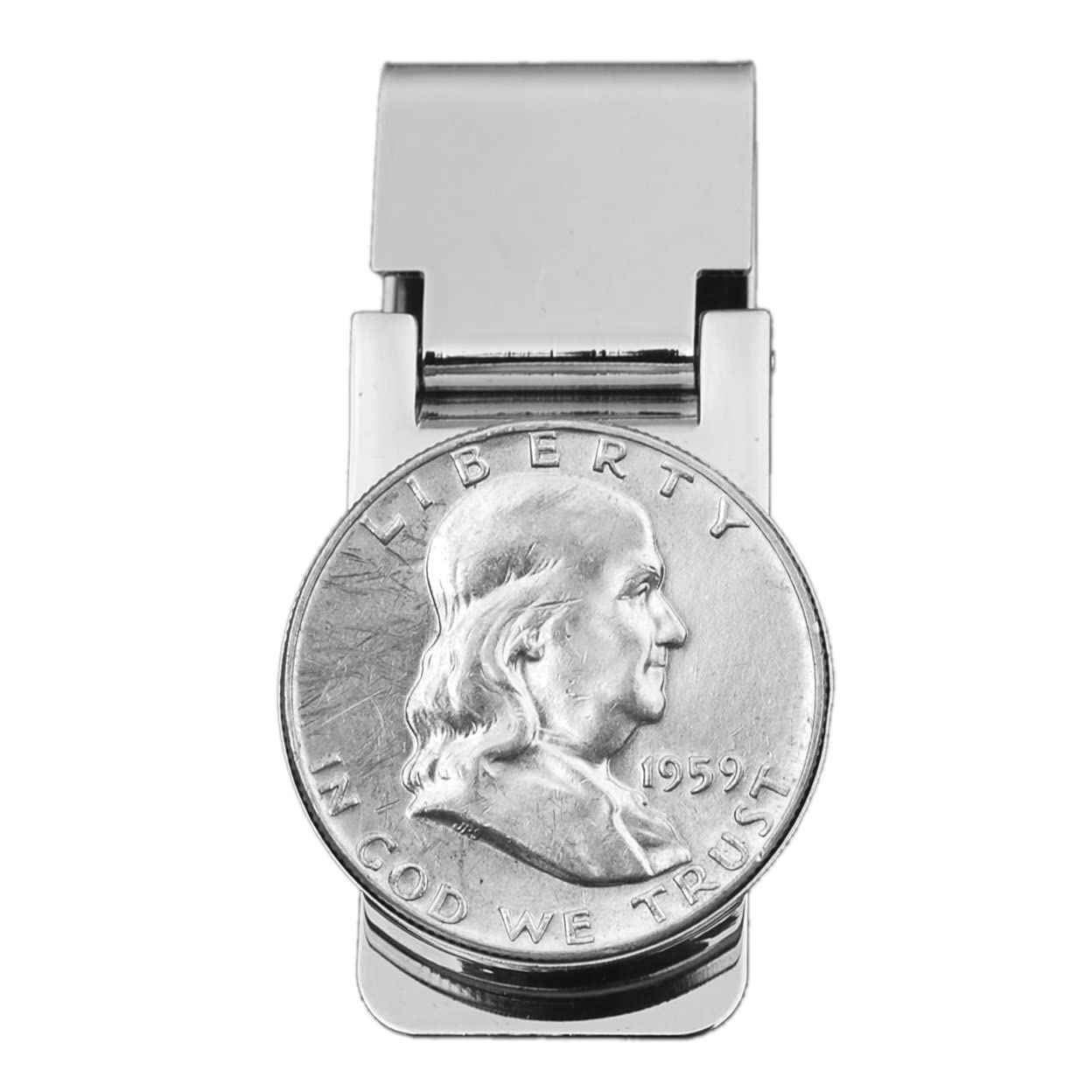 US 1959 Franklin Half Dollar 90% Silver Coin Hinged Money Clip NEW - Silver Plated Coin Bezel