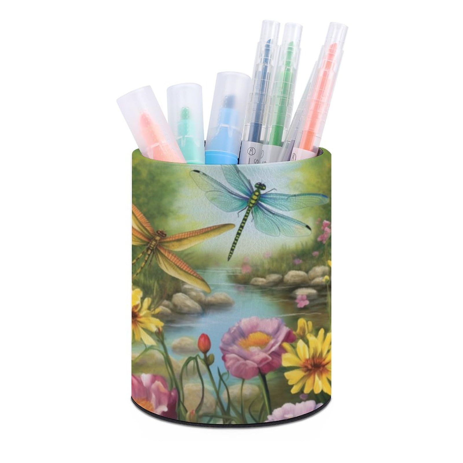 JTREHY Round Pen Holder,Dragonfly Garden Spring Printed Makeup Brush Storage Box Desktop Stationery Storage Cup Office Accessories Storage Box Pencil Storage Box for Home Office Dressing Table