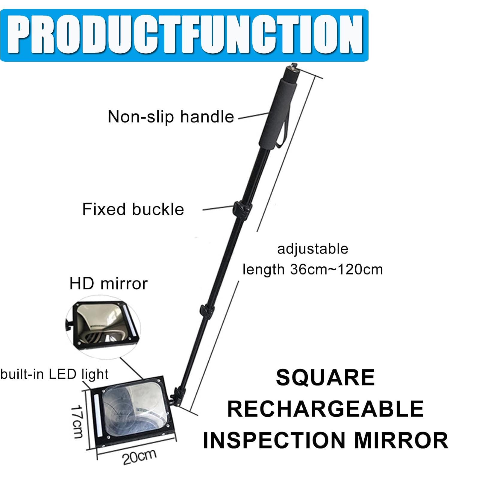 Espejo De InspeccióN para Coche Y Bajo El VehíCulo con Luz Led, Espejo AcríLico De 20 × 17 Cm, Espejos Convexos TelescóPicos con Varilla Ajustable 36 A 120Cm para ReparacióN Bajos. 1pcs