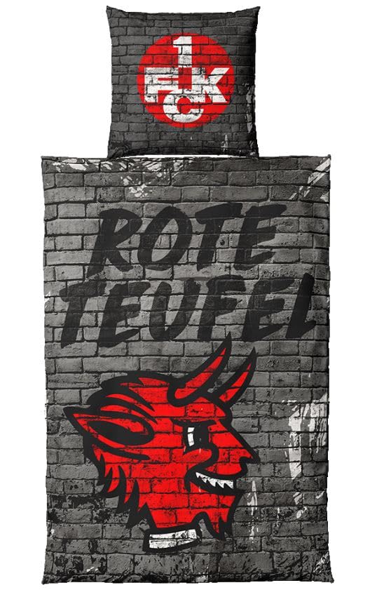 1. FC Kaiserslautern Bettwäsche Mauer/Teufel Offizielle FCK Bettwäsche 135x200 cm & 80x80 cm 100% Baumwolle Rot Weiß Fan Bettwäsche Fußball Bundesliga Bettbezug Set mit Reißverschluss