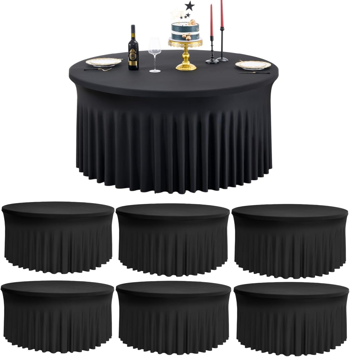 leegleri 6 Pack Black Spandex Round Tablecloths for 60 inch Table, Stretchy 120inch Fitted 5FT Round Table Cloths, Wrinkle Free Table Cover with Skirt for Wedding Party Dining Banquet