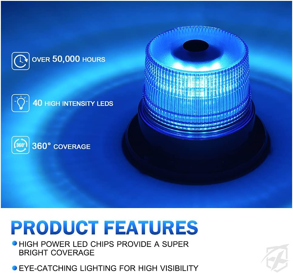 Xprite Blue LED Rooftop Beacon Strobe Light w/Magnetic Base Warning Safety Police Flashing Lights for Law Enforcement Vehicles Forklift Trucks Golf Carts UTV ATV Snowplows Firefighters Volunteer EMS