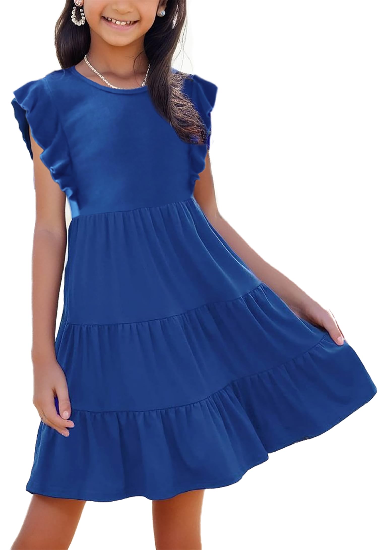 WUIRMELY Girls' Summer Dresses Empire Waist Ruffle Sleeve Tiered Swing A-Line Casual Cotton Sundress 5-11Y