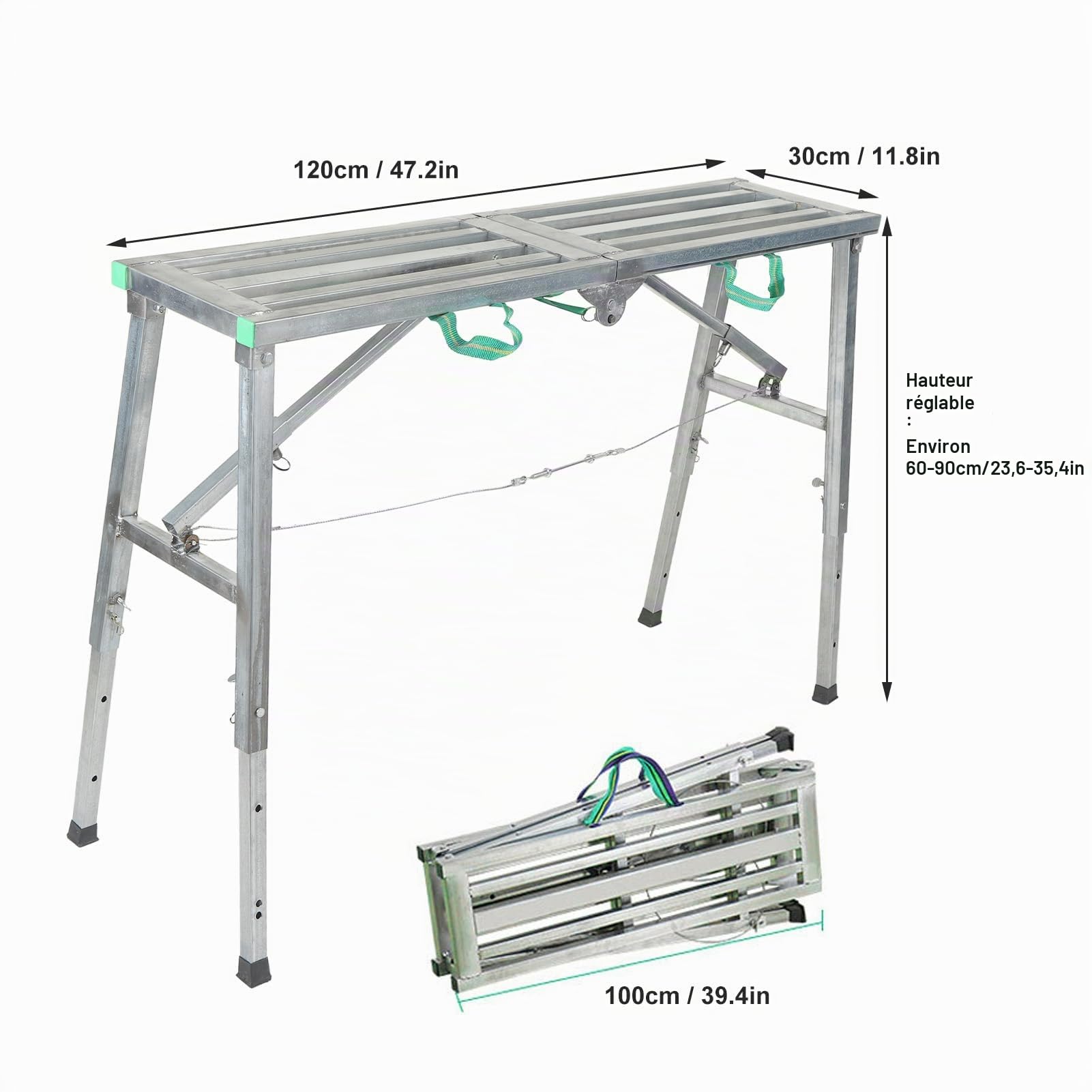 Ausla Plateforme de travail pliable réglable, structure en aluminium, banc d'échelle, pour cloisons sèches, capacité de maximale 200 kg, hauteur réglable 60 à 90 cm,