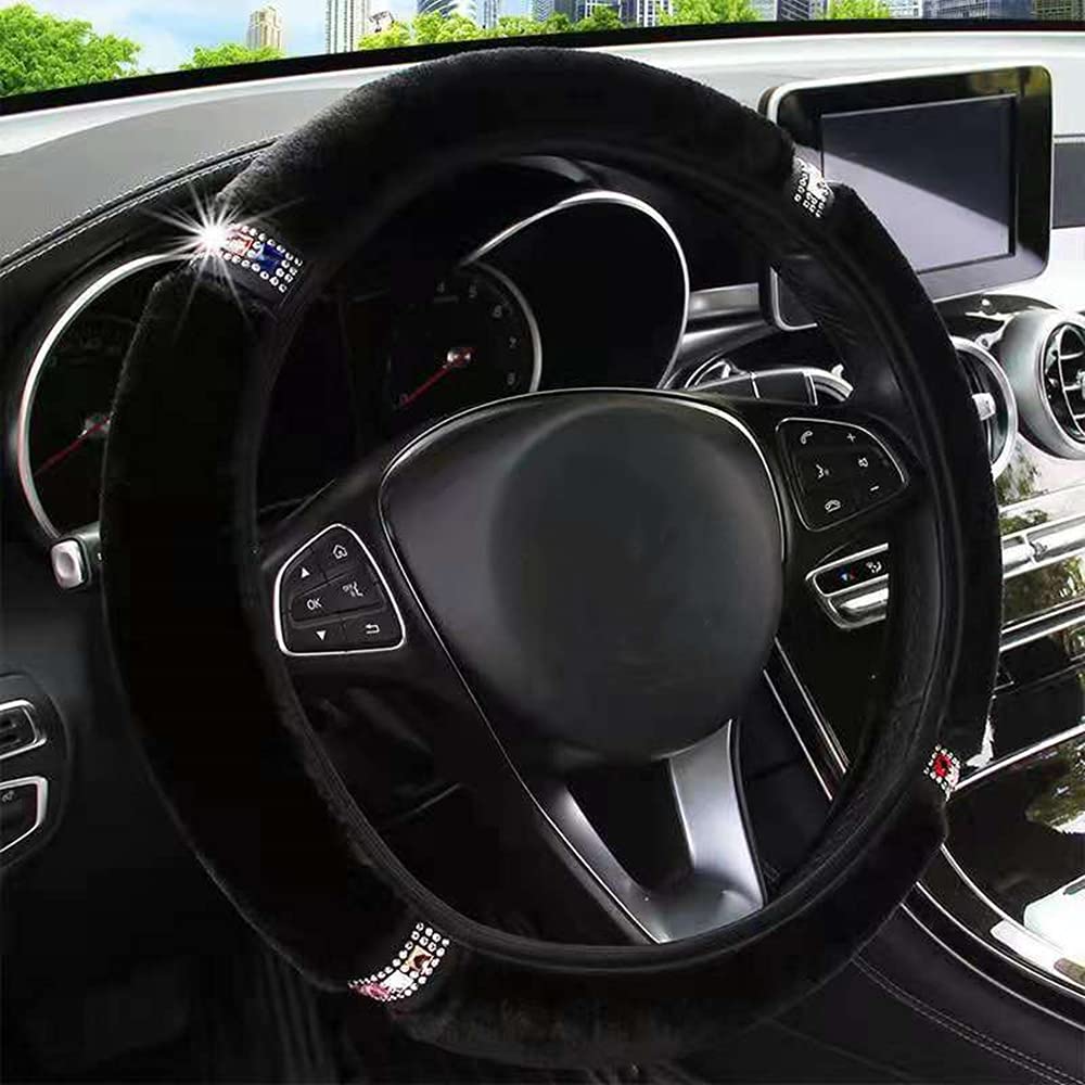 ZHOL Universal 15 inch Steering Wheel Cover Elastic Plush, Keep Warm, Breathable, Anti-Slip, Odorless, Exquisite Plush, Diamond Inlay, Black Color