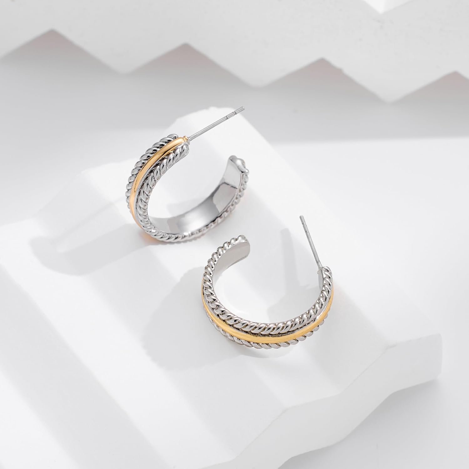 Gold and Silver Mixed Metal Earring Two Tone Studs Earrings for Women Chunky C Hoop Earrings Fashion Jewelry - Image 5