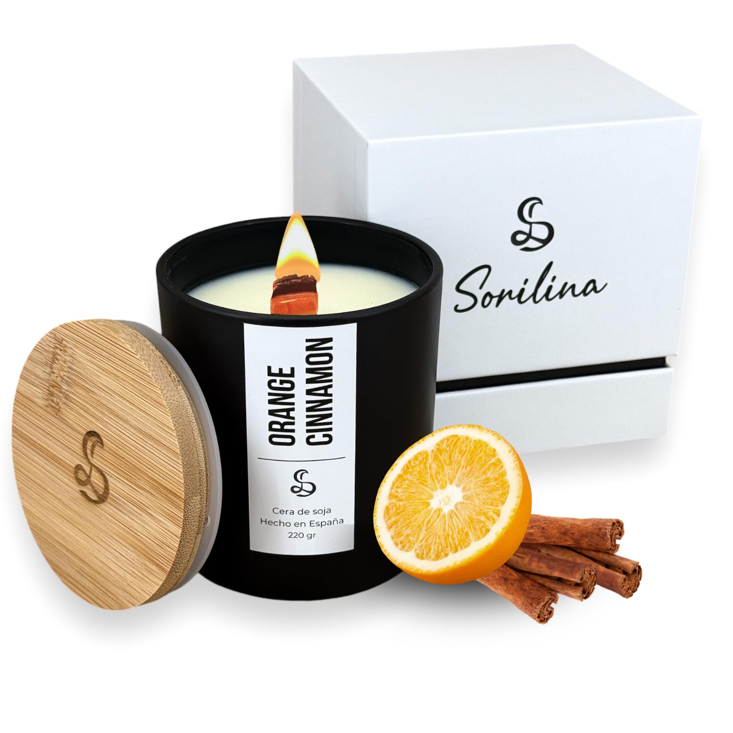 SORILINA Vela Aromática Canela y Naranja Grande con Caja Regalo y Mecha de Madera Cera de Soja Aroma Intenso Hecho a Mano en España 220gr hasta 55h Larga duración (Orange Cinnamon)