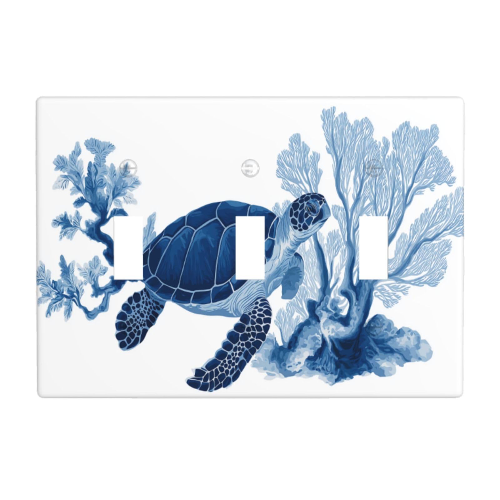 Blue Turtle and Coral Light Switch Covers 3 Gang Triple Toggle Wall Plate Switchplate Electrical Faceplate for Bathroom Kitchen Bedroom Decor