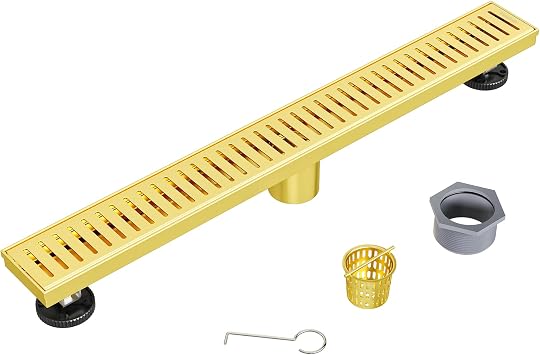 Neodrain Linear Shower Drain with Removable Capsule Pattern Grate, 304 Stainless Steel Rectangle Shower Drain, Linear Drain with Adjustable Leveling Feet, Hair Strainer, CUPC Certified (Gold, 24 )