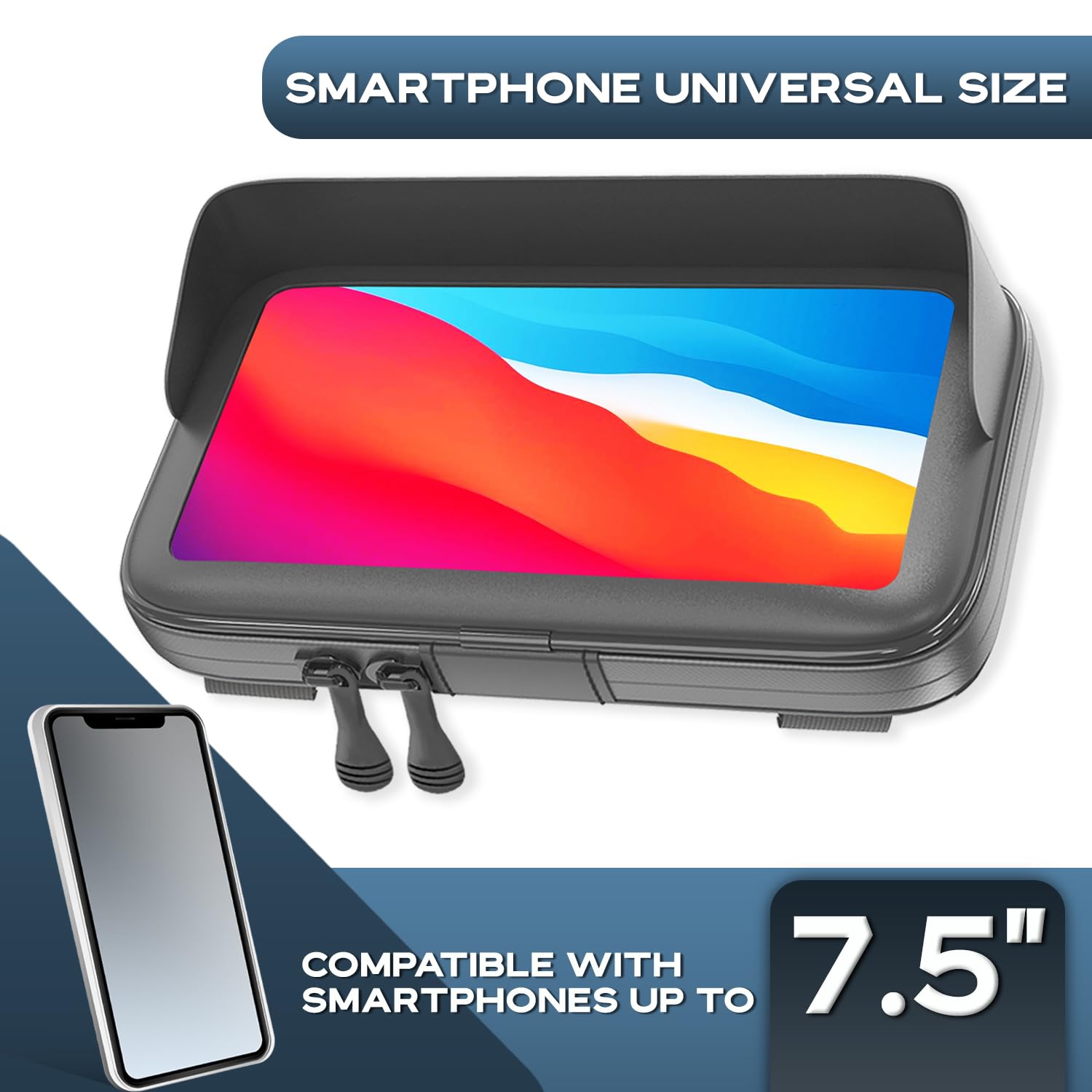Support telephone moto velo etanche coque avec visiere antireflet valable pour les smartphones jusqu'a 7,5" fixation de guidon incassable compatible avec tous types de guidons de motos et de vélos