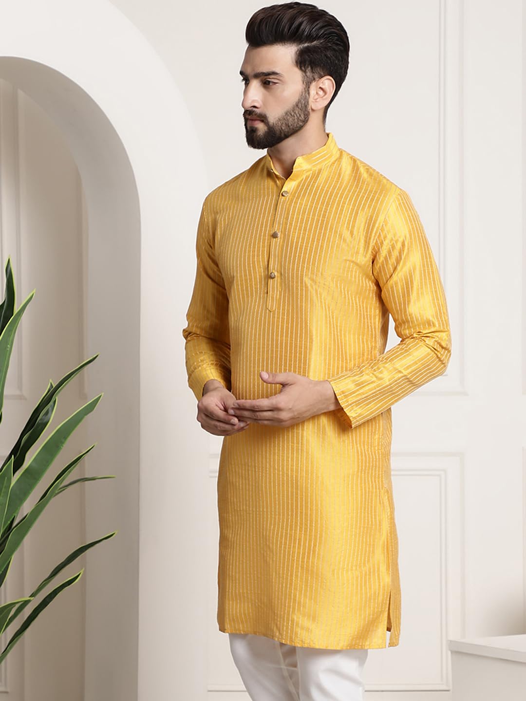 Sojanya (Since 1958 Men's Silk Blend Mustard Color Striped Design Only Long Kurta