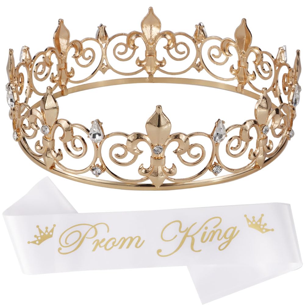 Noonhorse Prom King Sash & Tiara for Men Boy - Gold Crown for Men Prince - Happy Homecoming Accessories