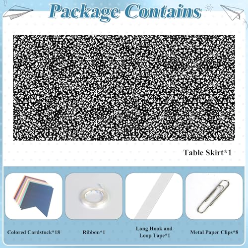 Image of 9FT Composition Notebook Table Skirt Set with 18PCS Boho Paper Pennants Black and White Teacher Desk Skirt for Classroom Decor Back to School Party Supplies Rectangle Cabinet Curtain for Office Dorm