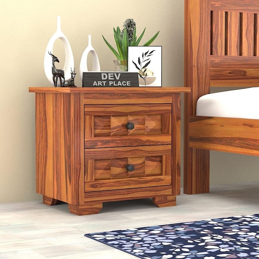 Image of Solid Sheesham Wood Bedside Table for Bedroom | Handmade Pure Wooden Bed Side Nightstand End Table with 2 Drawers Storage for Home & Bed Room | Rosewood, Honey