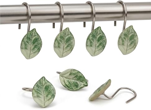 12 Pcs Decorative Shower Curtain Hooks, Green Leaf Resin Bathroom Rings, Rust-Proof Stainless Steel Metal Hooks for Shower Curtain & Liner, Nature/Tropical Style Bathroom Decor Sage Green