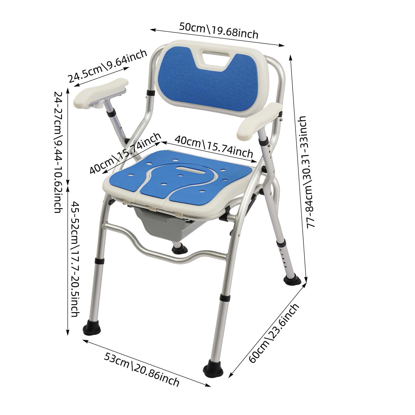 Silla de ducha para personas mayores, altura ajustable 77-84 cm, antideslizante, para personas mayores, soporta 150 kg, silla de baño de aluminio con respaldo extraíble (azul, 53 x 60 x 77 cm)