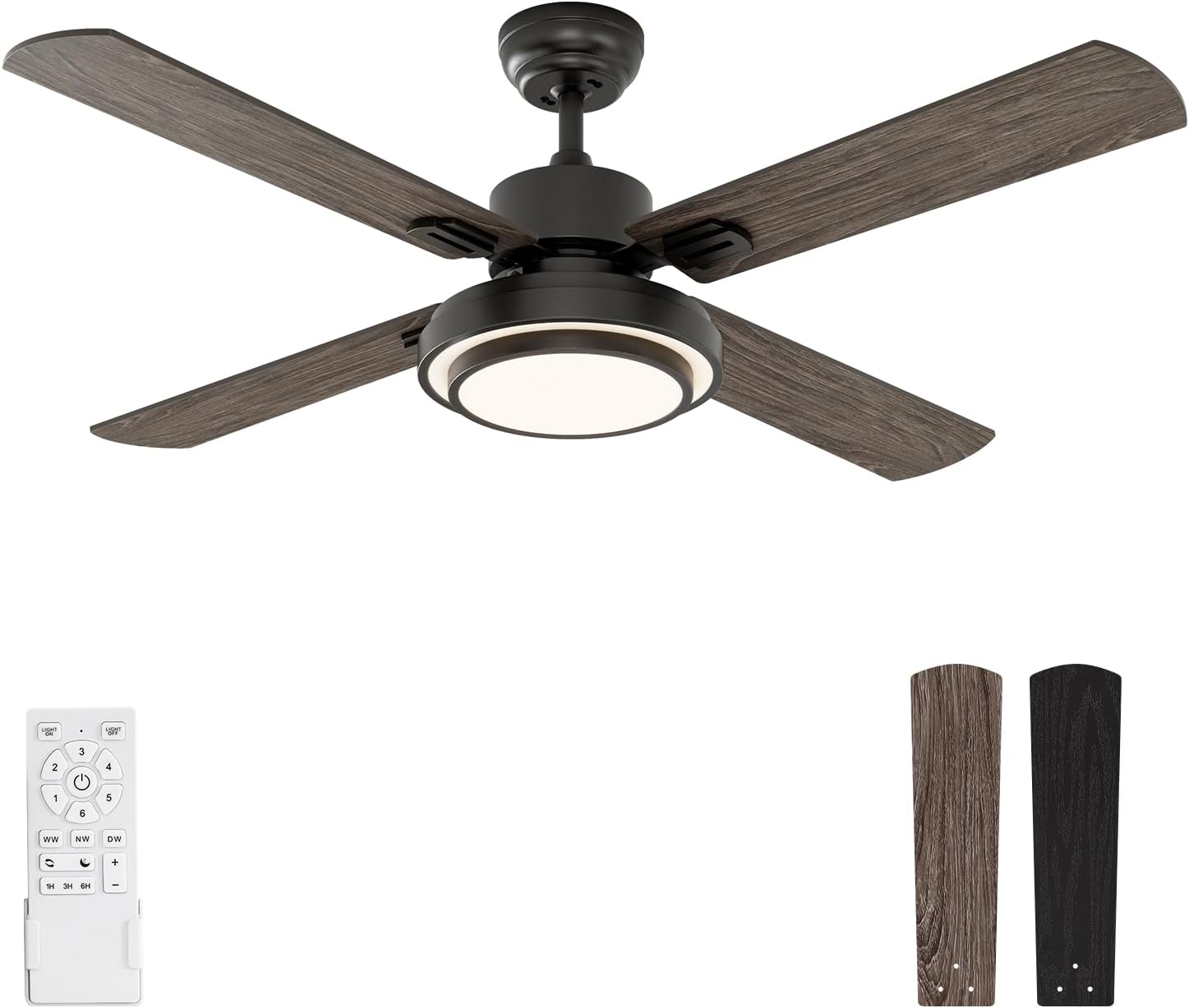 warmiplanet Ceiling Fan with Lights Remote Control, 52 Inch, Black (4-Blades)