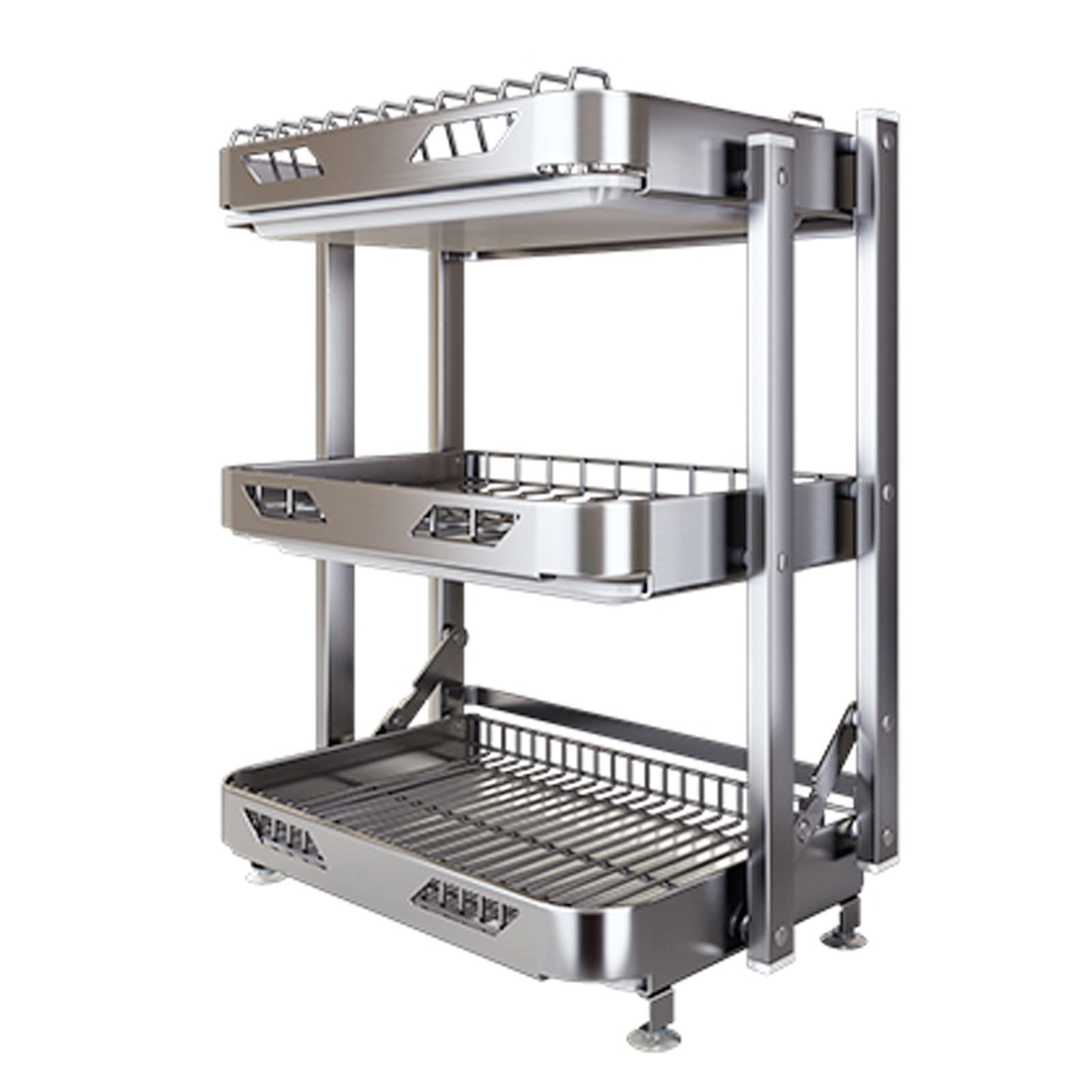 GLJTUO 304 Stainless Steel Foldable 3-Tier Dish Rack with Drain Board, Utensil Holder & Cutting Board Holder - Rustproof Dish Drainer for Kitchen Countertop, Space-Saving Kitche,3 Layers 42x61cm-A
