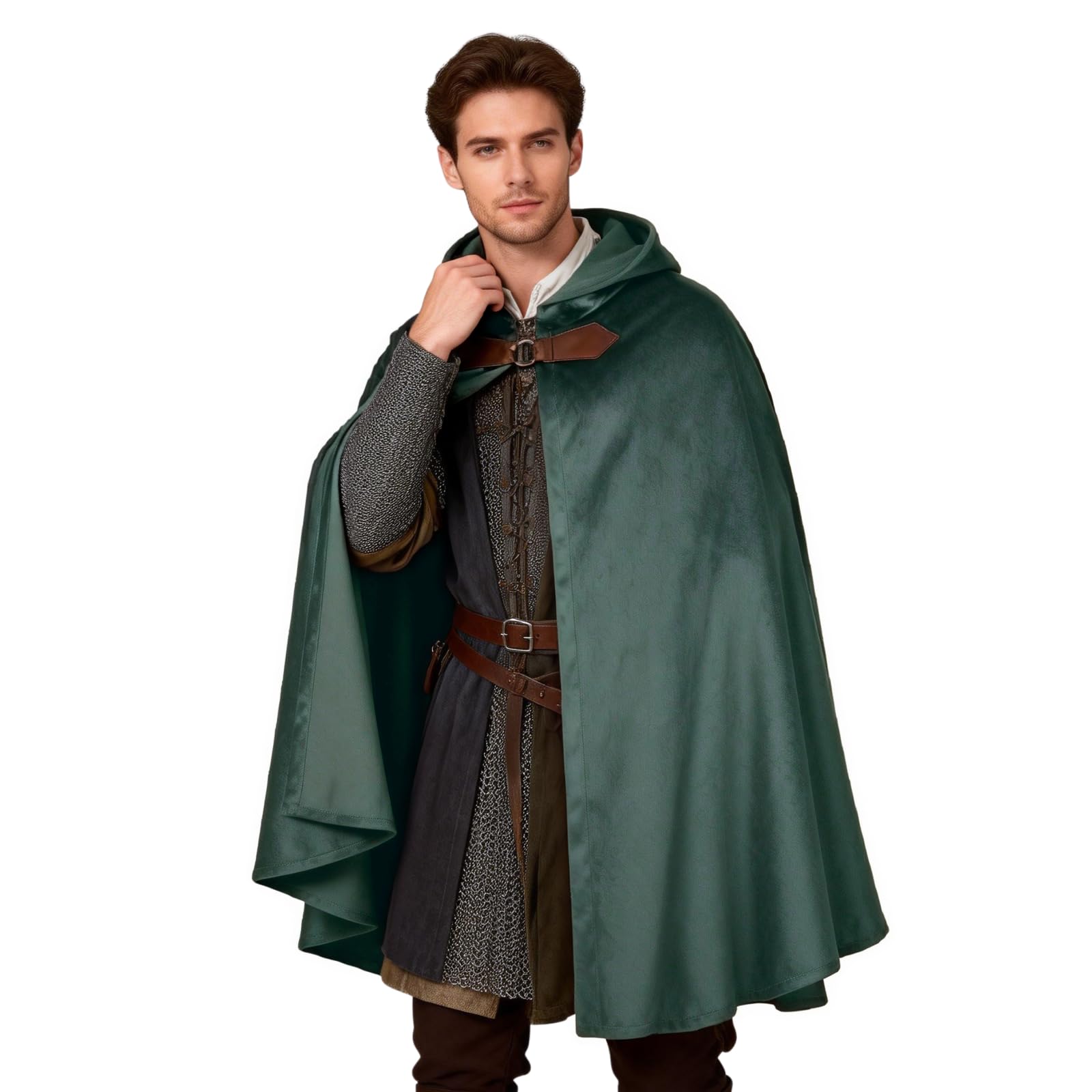 HAPNBCELE Adults Medieval Cloak with Hood, Renaissance Cape Costume Halloween Wizard Cosplay LARP Renaissance Fair RPG Party (Forest Green, 31.5“/80cm)