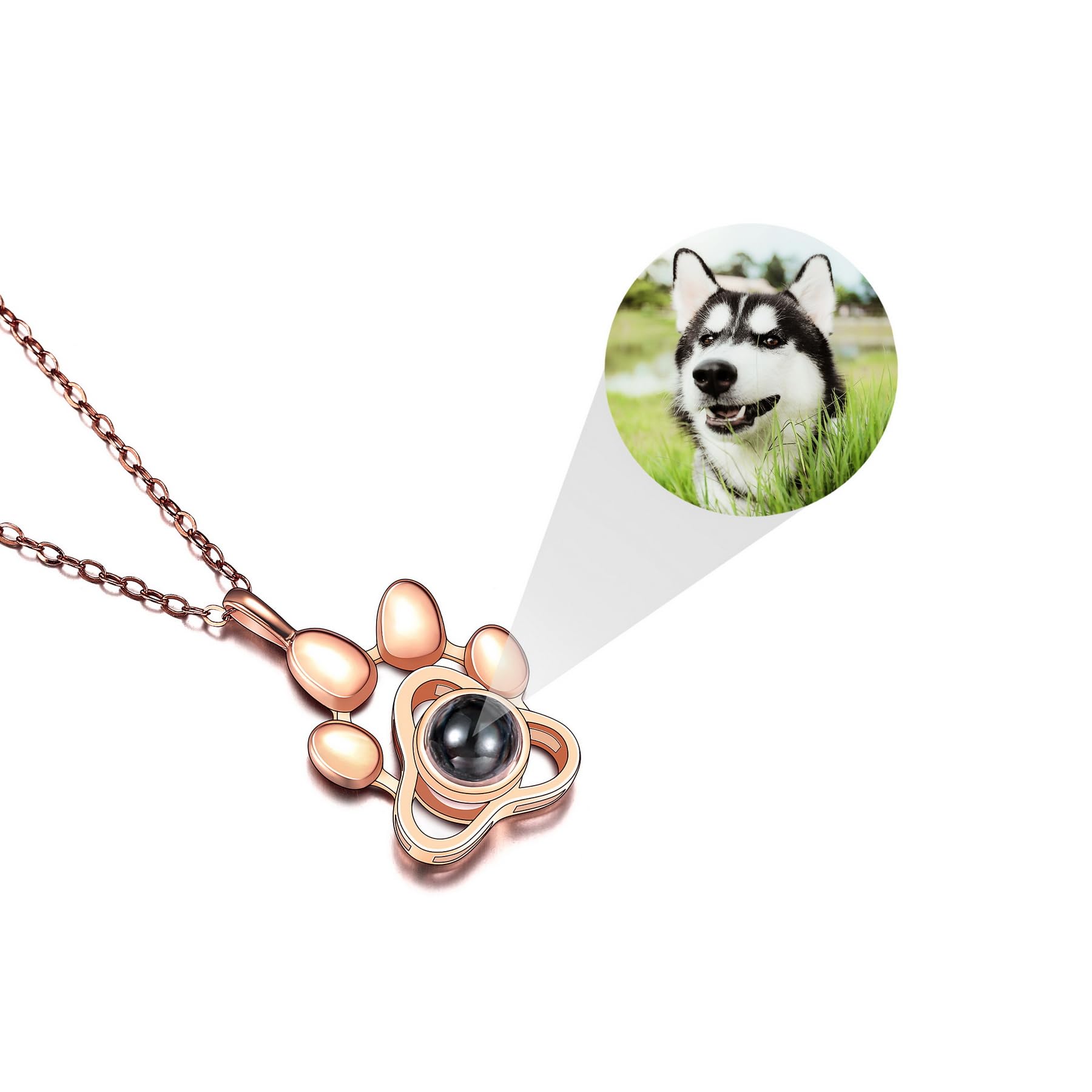 MeMeDIY Personalized Photo Projection Necklace 925 Sterling Silver Customized Dog Paw Memorial Pendant Necklace Gifts for Women Girls Dog Cat Pet Lover (Rose Gold, Color Image)