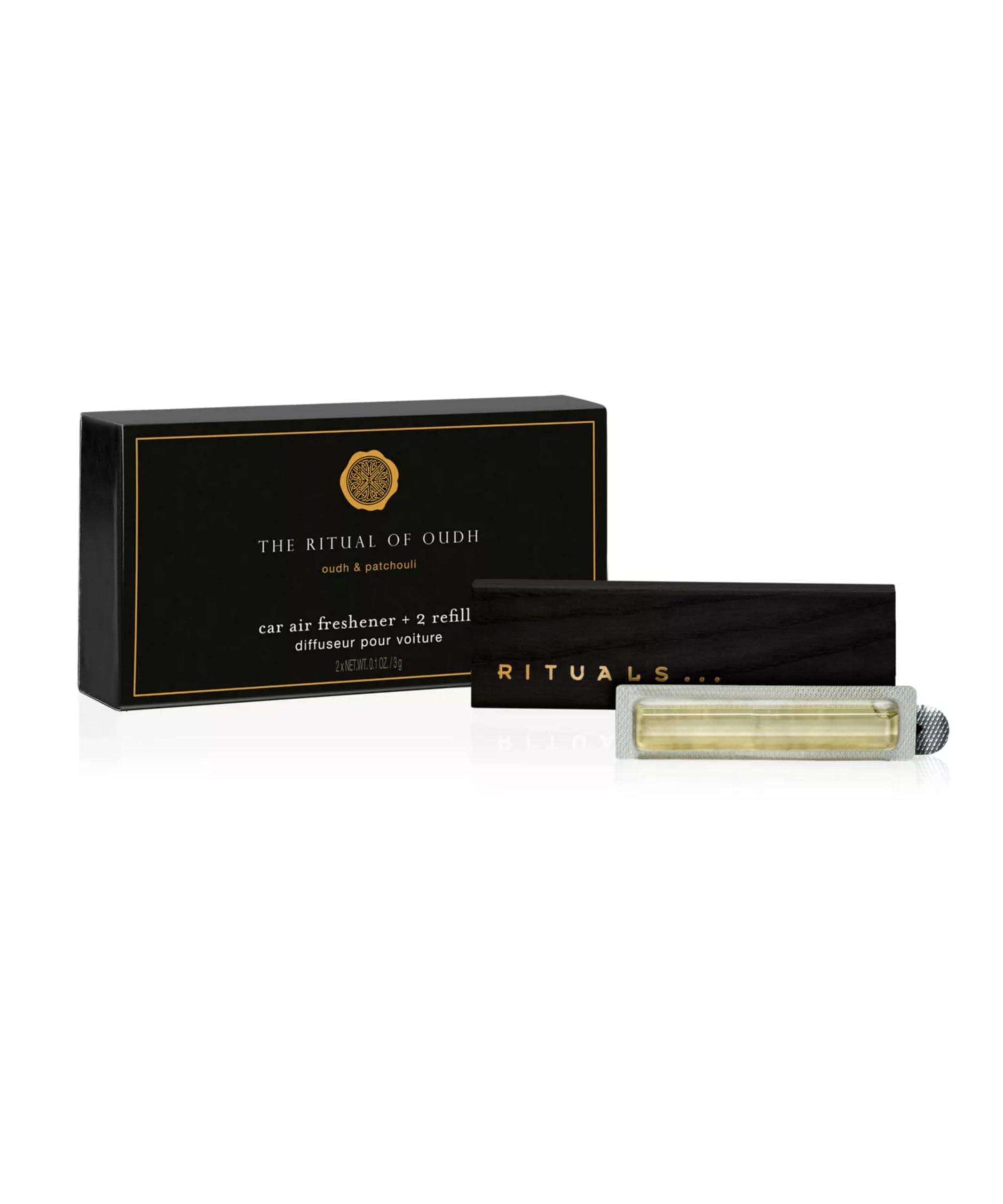 RITUALS Profumatore auto The Ritual of Oudh – Fragranza lussuosa della Private Collection – Freschezza prolungata per la tua auto – Si adatta a ogni auto con supporto in legno riutilizzabile – 2 x 3g
