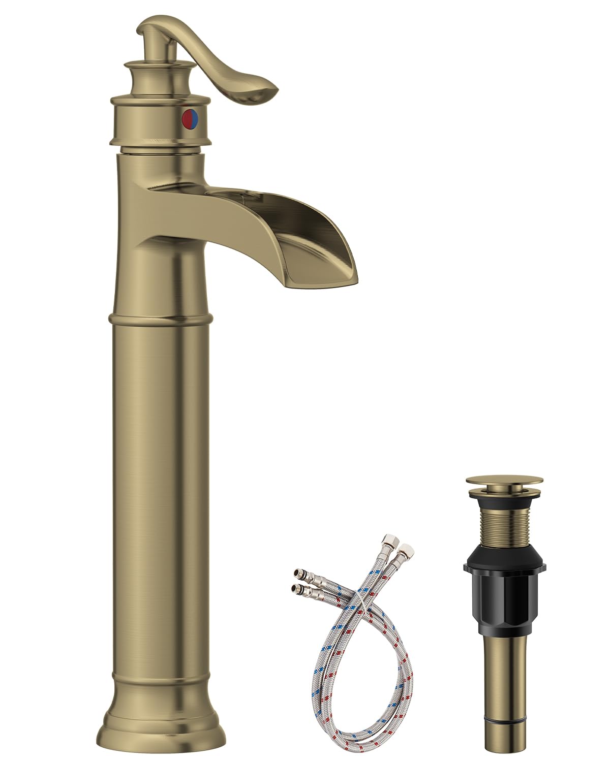 Jnfidosr Women's Gold Vessel Sink Faucet Brushed Waterfall Bathroom Sink Faucet Single Handle Single Hole Commercial Mixer Tap Lavatory Vanity Faucets With Pop Up Drain Assembly And Supply Line