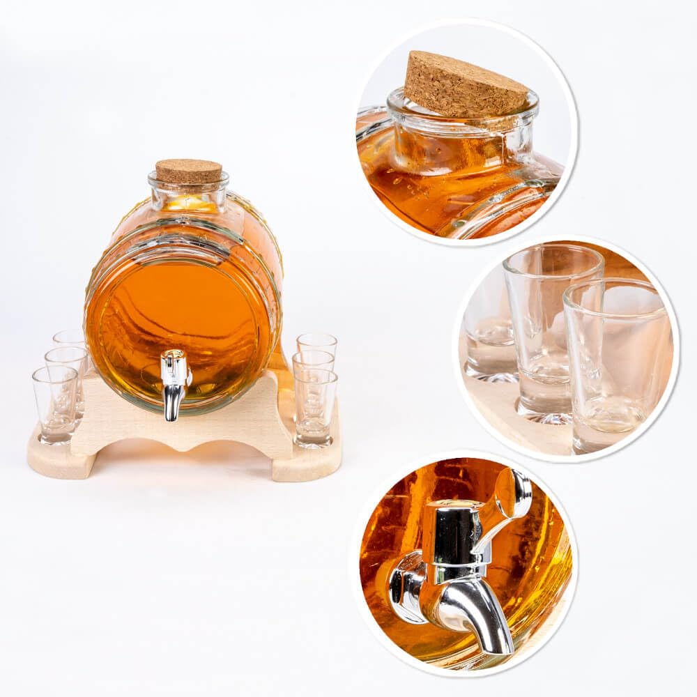 Getränkespender Fass mit Zapfhahn (3L) inkl. 6 Gläser - Fassförmiger Getränkespender Aus Glas - Schnapsspender - Schnaps Spender mit Holzständer - Wasserspender mit Hahn
