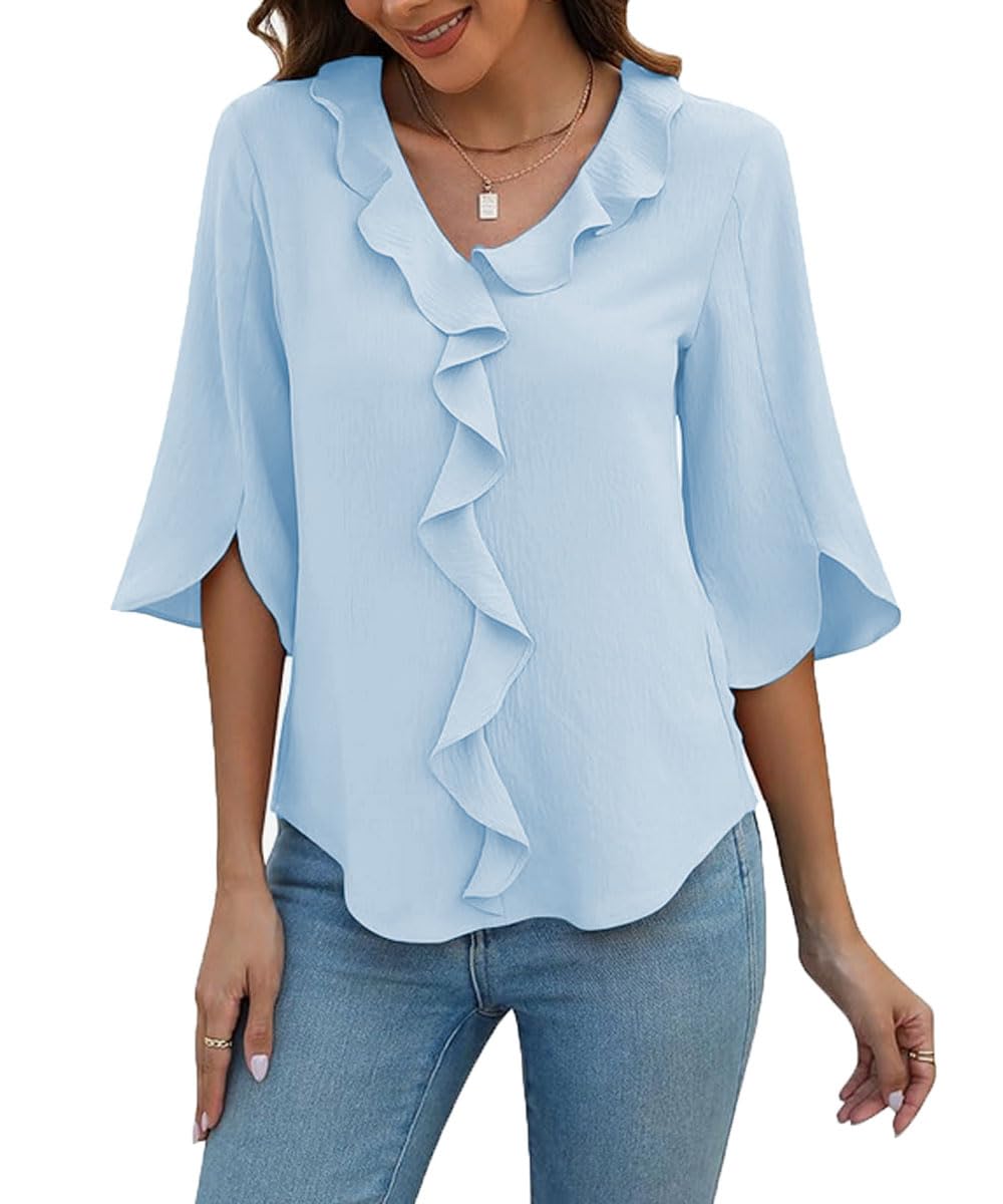 ABINGOO Donna Chiffon Camicetta 3/4 Manica Scollo a V Volant Tunica Tinta Unita Elegante Lavoro Tops