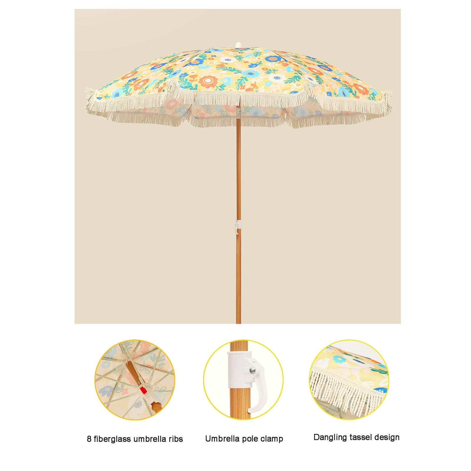 Parasol Ogrodowy Z Frędzlami O Długości 1,6 M, Stalowy Parasol Ze Środkowym Słupkiem, Wodoodporny I Chroniący Przed Słońcem Parasol Plażowy, Regulowany W Zakresie 180°.