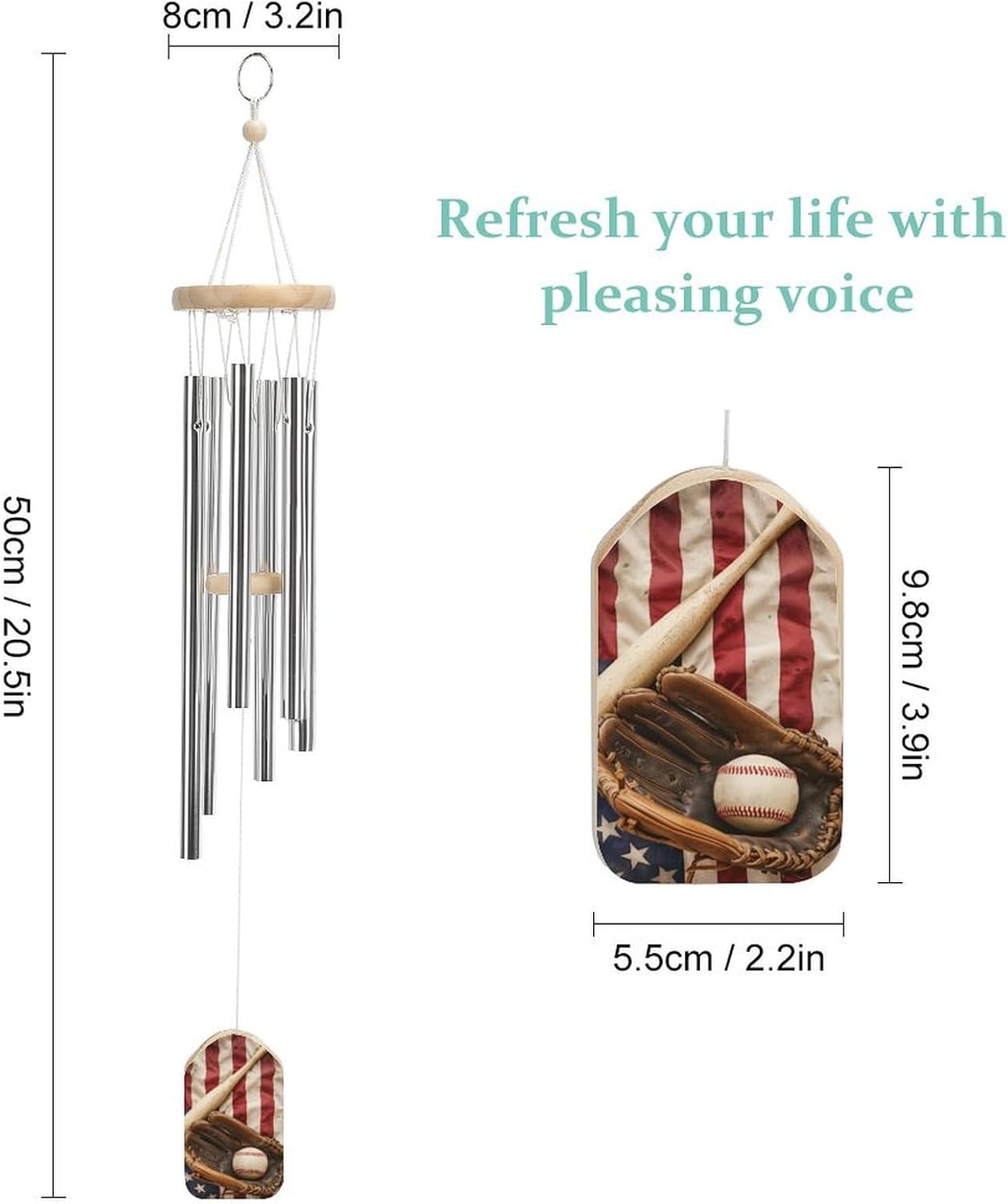 Baseball American Flag Wind Chimes for Outside with Relaxing Rich Sound, Memorial Wind Chimes Gifts for Mom,Great Gift for Your Own Patio, Porch, Garden, and Backyard