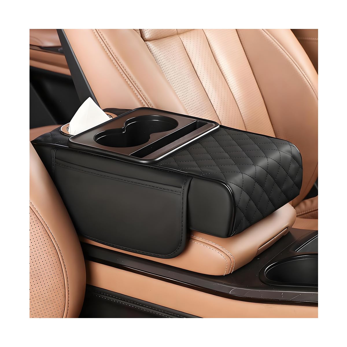 Car Armrest Cushion, 5-in-1 Nappa Leather Vehicle Centre Console Cover with 2 Storage Pockets, Cup Phone & Phone Holder, Multifunctional Auto Organiser Accessories, Universal Fit (Black)