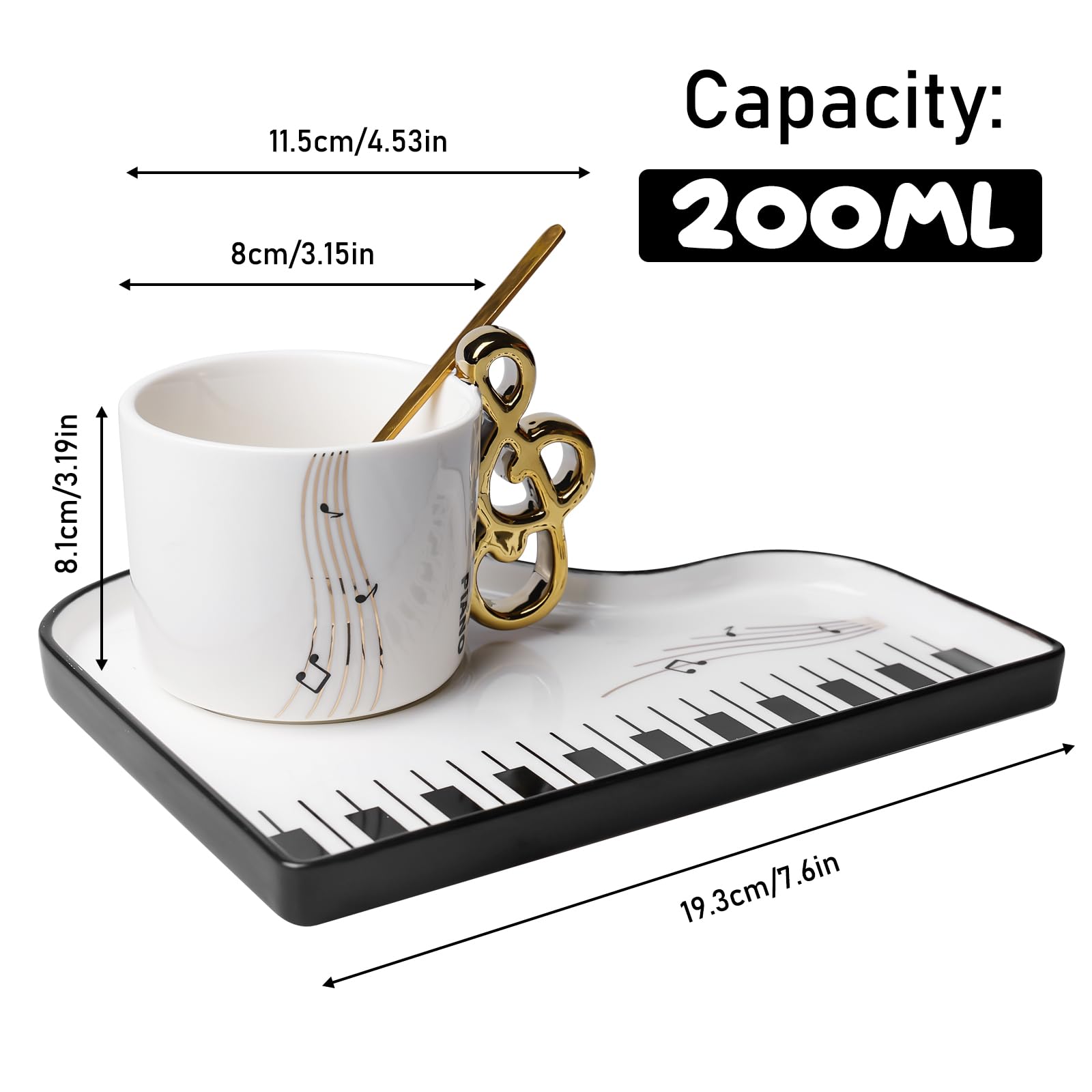 Musical Note Tazza da caffè in ceramica con piattino e cucchiaio: 200 ml per pianoforte creativo, tazza da caffè con nota musicale, tazza da tè stampata, tazza da caffè per amore della musica, regalo