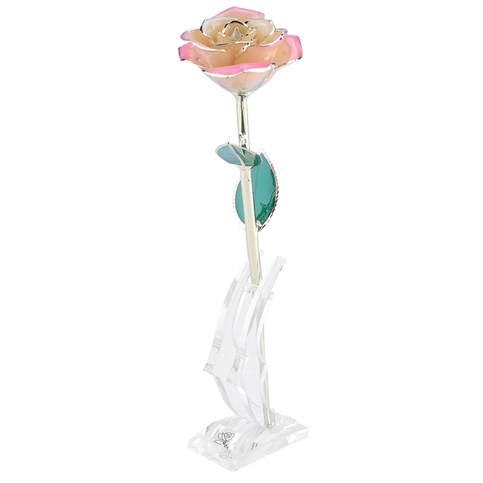 Rosa Eterna Placcata Oro 24K, Rosa Bianca e Rosa con Foglie Verdi e Base Regalo, Decorazione per San, Festa della Mamma, Matrimonio, Compleanno