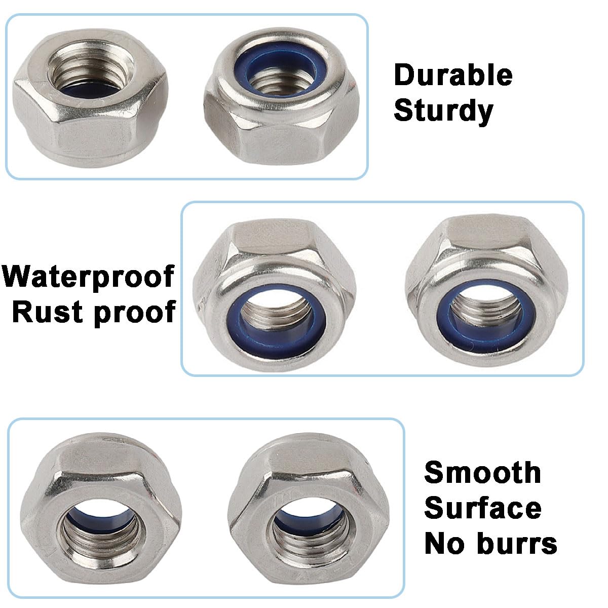 150 Dadi Autobloccanti M12/M10/M8/M6/M5/M4/M3, Dadi Bloccaggio in Acciaio Inox, Dadi esagonali con Parte di Bloccaggio in plastica nylon (Argento)