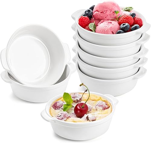 Foraineam Paquete de 8 platos de porcelana de 10 onzas con doble asa, juego de utensilios para hornear para pudín, crema brulee, souffle
