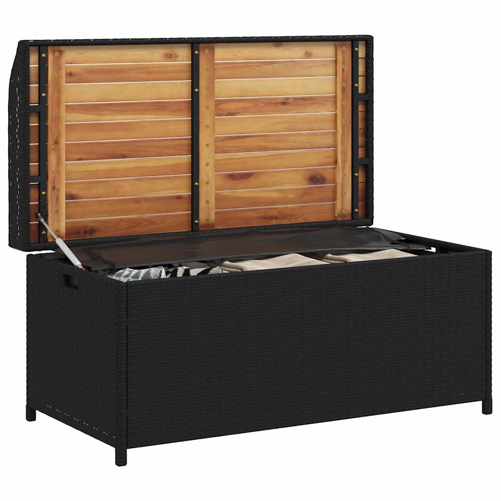SYDE Banco Almacenaje Madera Acacia Ratán PE Negro 100x50x52 cm | Asiento Exterior con Bolsa Impermeable, Cajón para Cojines, Resorte Gas, Máx 110 kg