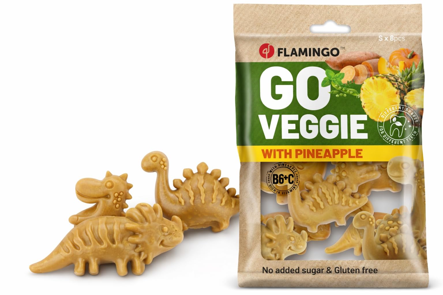 Bastoncini per cani – Snack Veggie Dino con Ananas Giallo – 120g – senza glutine – naturale – divertente e salutare
