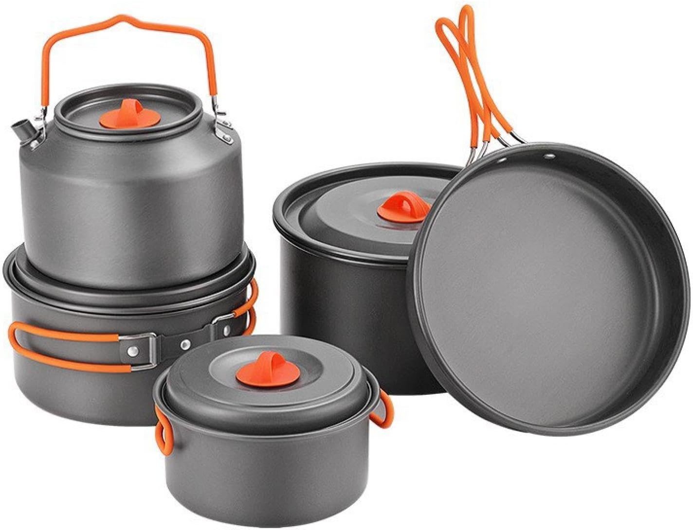 5pcs Camping Cookware Non-Stick Lightweight Camping Pots and Pans Set with Plastic Plates Bowls Soup Spoon for Camping,Spork and Tank Bracket, Cooking Gear for Outdoor, Hiking, Picnic, Campfire