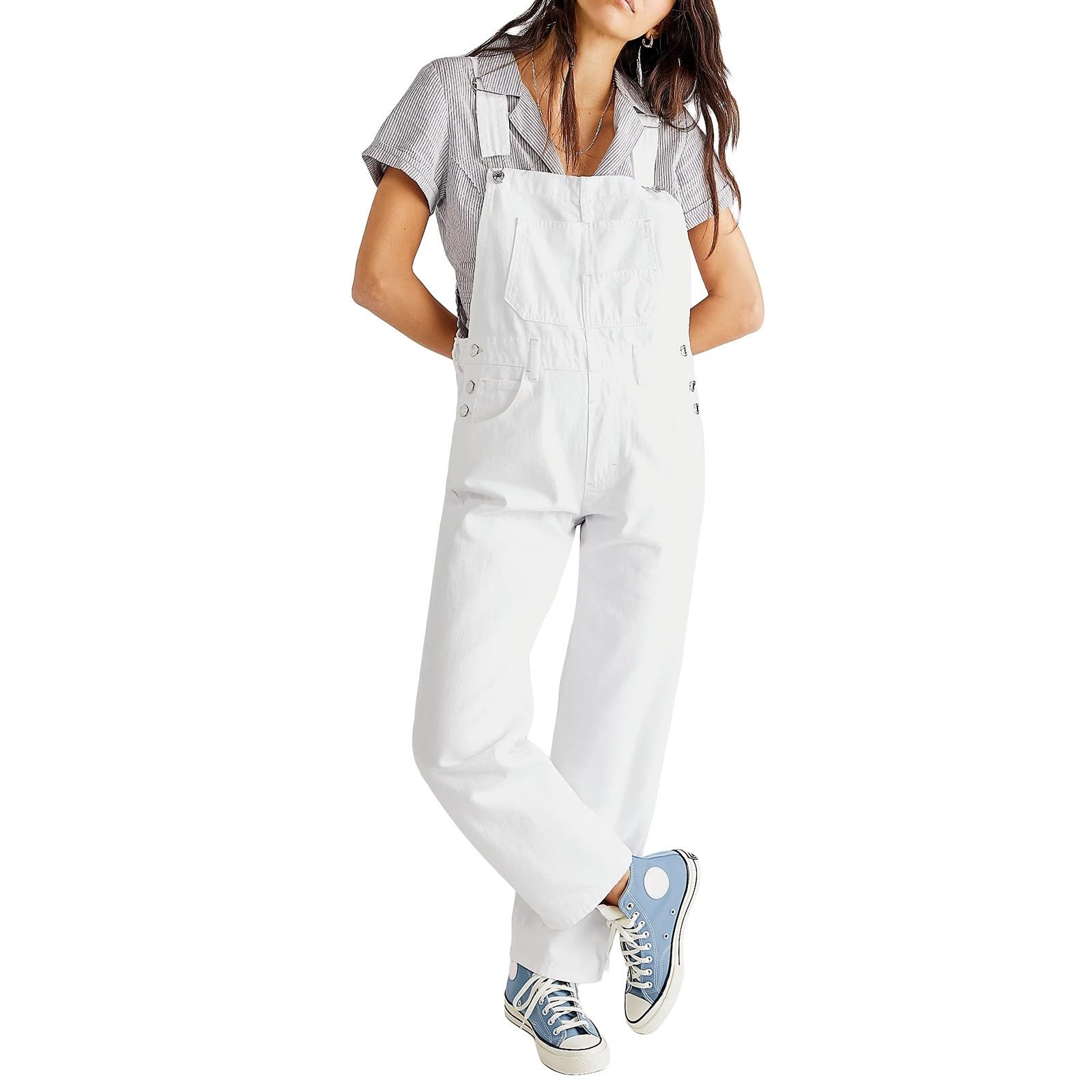 Tuta casual da donna in denim, vestibilità ampia, con spalline regolabili, salopette jeans affusolate con tasche, classica e ampia, con pettorina elasticizzata