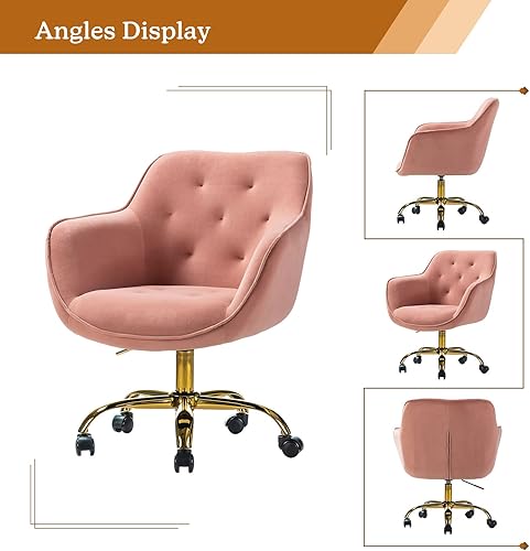 Miniatura 3 de HULALA HOME Silla de oficina de terciopelo con base dorada, moderna y bonita silla de escritorio con respaldo medio, silla giratoria ajustable para